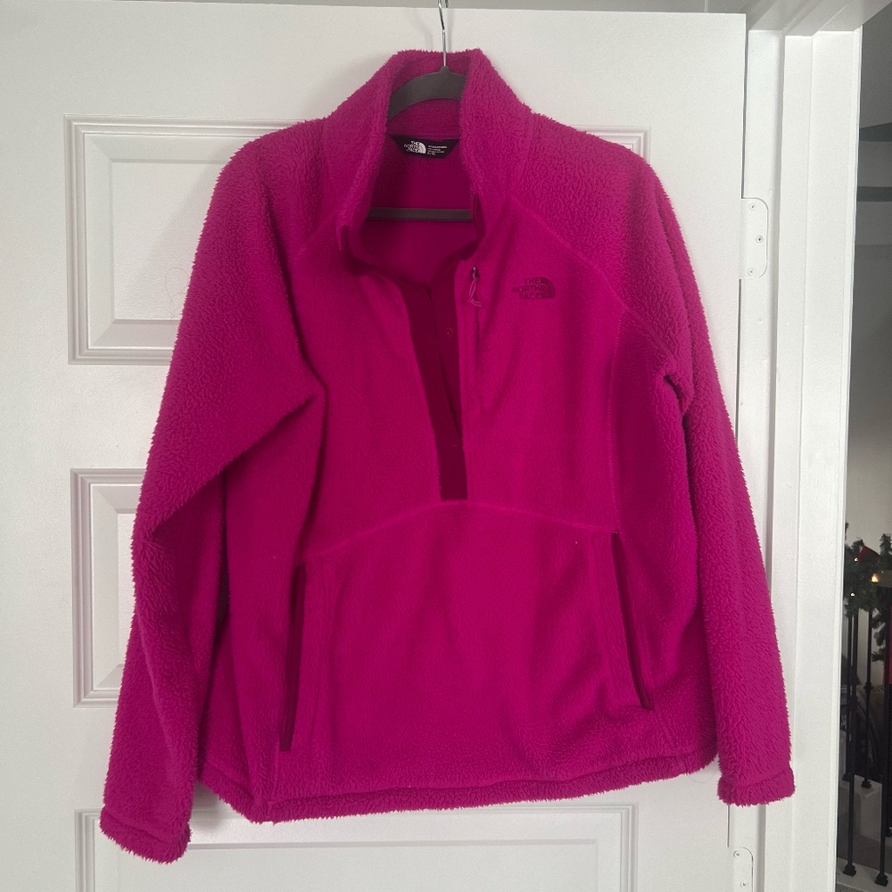 The North Face Magenta Pink Sherpa Half Snap Kangaroo Pocket Sweater Jacket